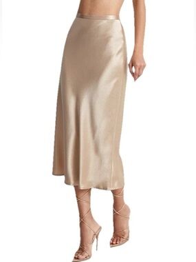 Commense Women’s L High Waisted Satin Flowy Midi Skirt Classic Elegant Chic Tan